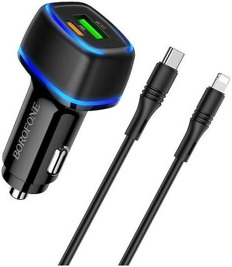 Borofone BZ14A Auto-Ladegerät 20W 2.4A Schnellladung mit Anschlüssen: 1xUSB 1xType-C mit Kabel Typ-C,TC-TC Schwarz Farbe