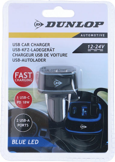Dunlop Car Charger 18W with Ports: 2xUSB 1xType-C