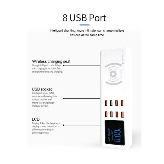 Sunshine Βάση Φόρτισης με 8 Θύρες USB-A σε Ασημί χρώμα (SS-309WD)