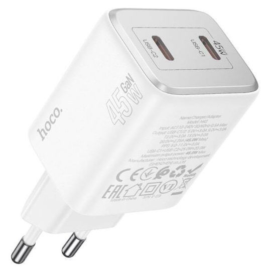 Hoco Ladegerät GaN mit 2 USB-C Anschlüsse und Kabel USB-C - Lightning 45W Stromlieferung Weißs (N42)
