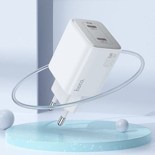 Hoco Ladegerät GaN mit 2 USB-C Anschlüsse und Kabel USB-C - Lightning 45W Stromlieferung Weißs (N42)