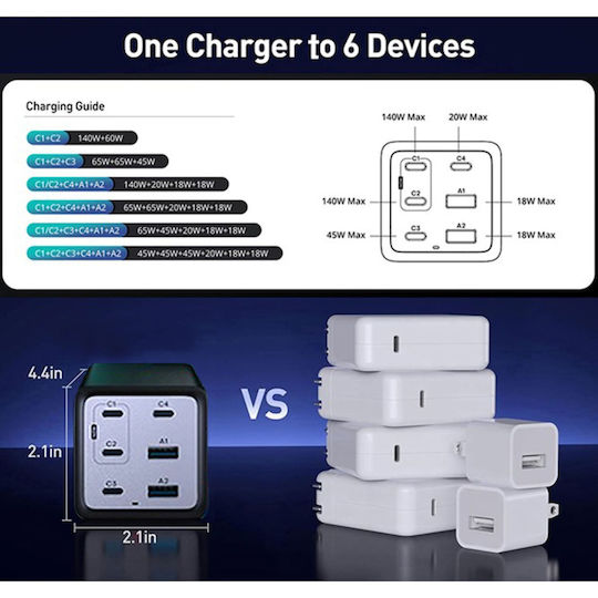 Conceptronic Charging Stand with 2 USB-A Ports and 4 USB-C Ports 200W Power Delivery in Black color (OZUL06BE)