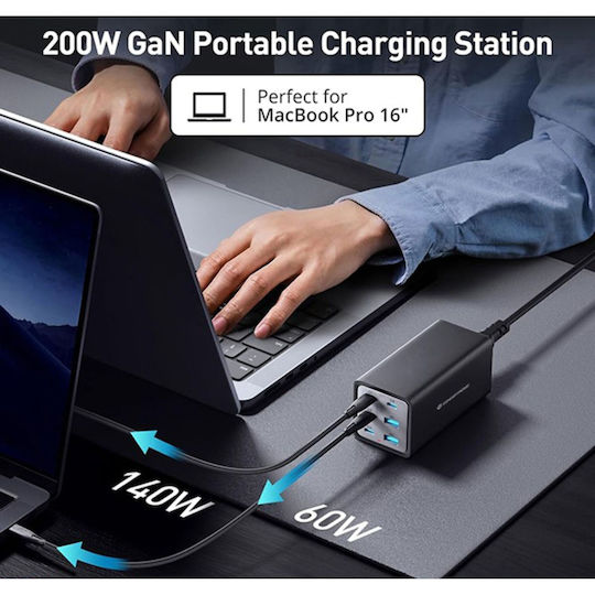 Conceptronic Charging Stand with 2 USB-A Ports and 4 USB-C Ports 200W Power Delivery in Black color (OZUL06BE)