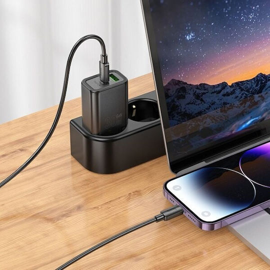 Hoco Încărcător cu Port USB-A și Port USB-C și Cablu USB-C - Lightning 30W Livrarea energiei / Quick Charge 3.0 Negruς (N63)