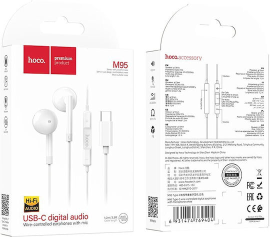 Hoco M95 Earbuds Freihändig Kopfhörer mit Stecker USB-C Weiß