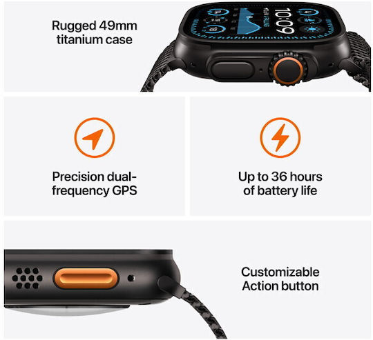 Apple Watch Ultra 2 2024 Titanium 49mm Αδιάβροχο με eSIM και Παλμογράφο (Black με Black Ocean Band)