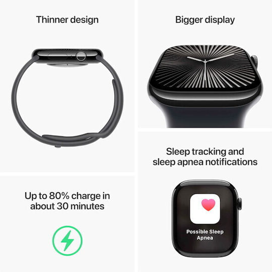 Apple Watch Series 10 Cellular Aluminum 46mm Waterproof with eSIM and Heart Rate Monitor Sport Band Jet Black Ink M/L