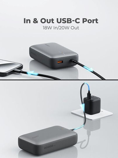 Aukey PB-Y57 Spark Mini Power Bank 20000mAh 22.5W with USB-A Port and USB-C Port Power Delivery Gray