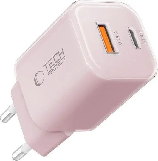 Tech-Protect Зарядно без кабел с USB-A порт и USB-C порт 33W Розов (NCM33W)