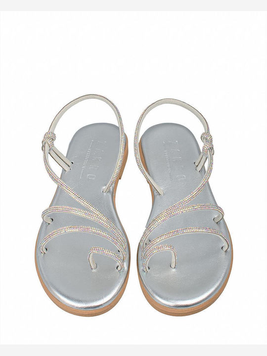 Leather Women's Flat Sandals in Silver Color