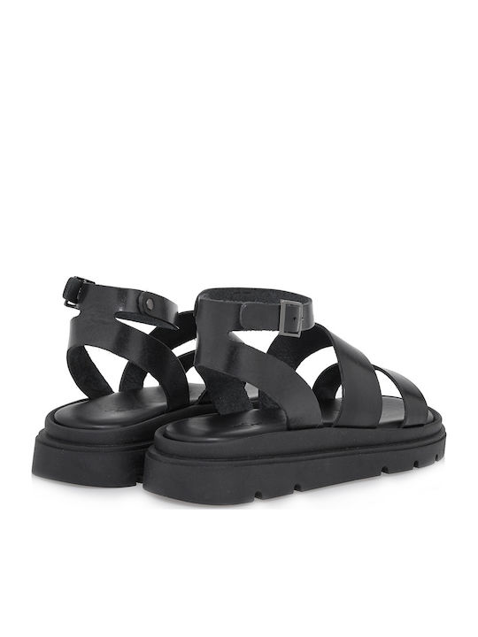 Leather Women's Flat Sandals Flatforms in Black Color
