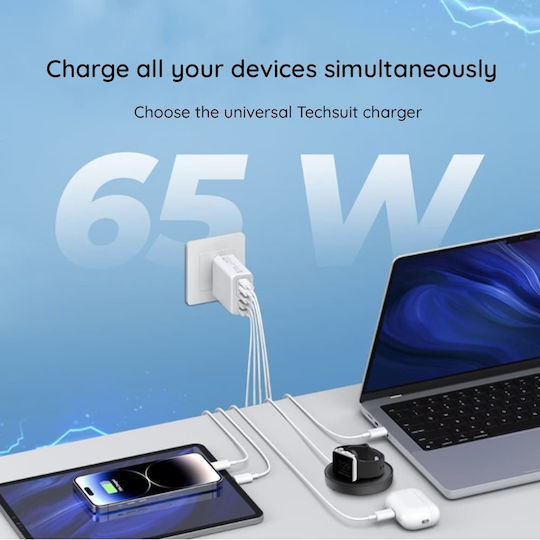 Techsuit Ladegerät mit 3 USB-A Anschlüsse und 2 USB-C Anschlüsse und Kabel USB-C - USB-C 20W Stromlieferung / Schnellaufladung 3.0 Schwarzs (CHC2)