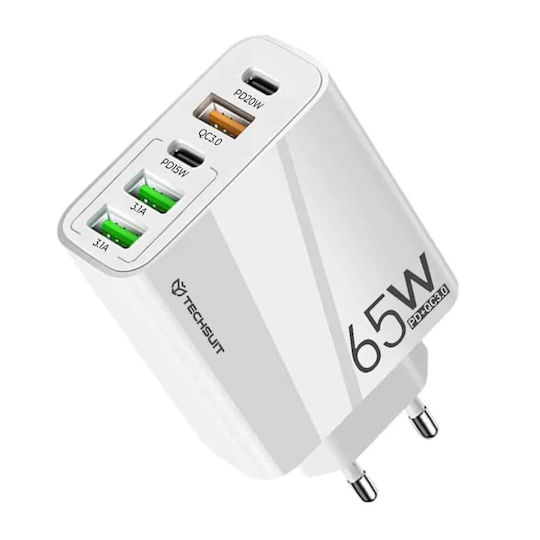 Techsuit Ladegerät mit 3 USB-A Anschlüsse und 2 USB-C Anschlüsse und Kabel USB-C - USB-C 20W Stromlieferung / Schnellaufladung 3.0 Weißs (CHC2)