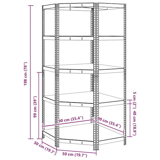 vidaXL Corner Dexion Shelf Galvanized 90x90x198cm with 5 Shelves Total Load Capacity 875kg