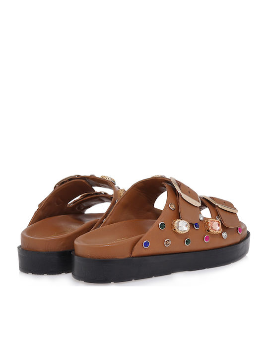 Leather Women's Flat Sandals in Tabac Brown Color