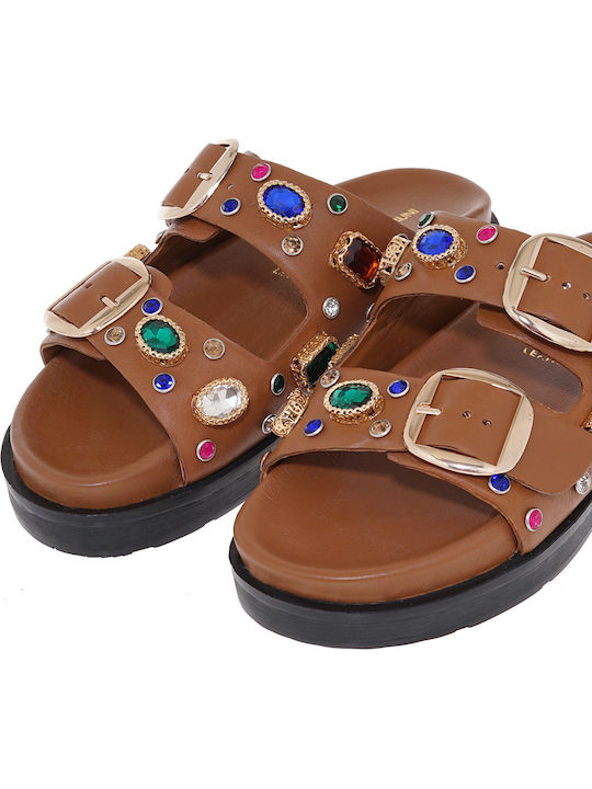 Leather Women's Flat Sandals in Tabac Brown Color