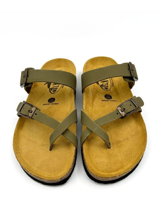 Leather Women's Flat Sandals Nobuck Kaki