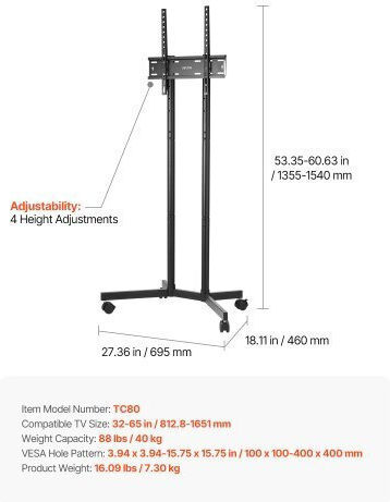 Vevor TYSDLDDSJZJZGTD2Z001V0 Стойка за телевизор Стенен до 65" и 40кг