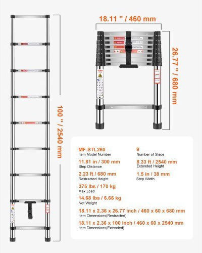 Vevor Telescopic Ladder Steel 9 of Steps with Maximum Height 2.54m