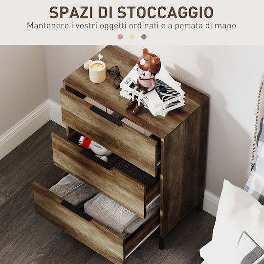 Wooden & Metallic Chest of Drawers with 3 Drawers Dark Brown 62x35x82cm
