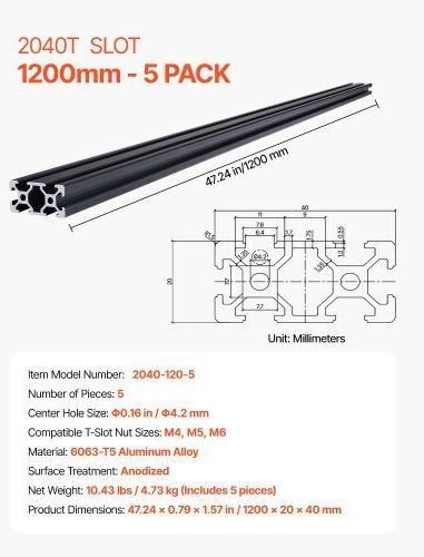 Vevor 5 Pieces 47.2 Inches 1200 Mm T Slot 2040 Anodized Aluminum Rail 2040oblxcdg5pc6jt001v0