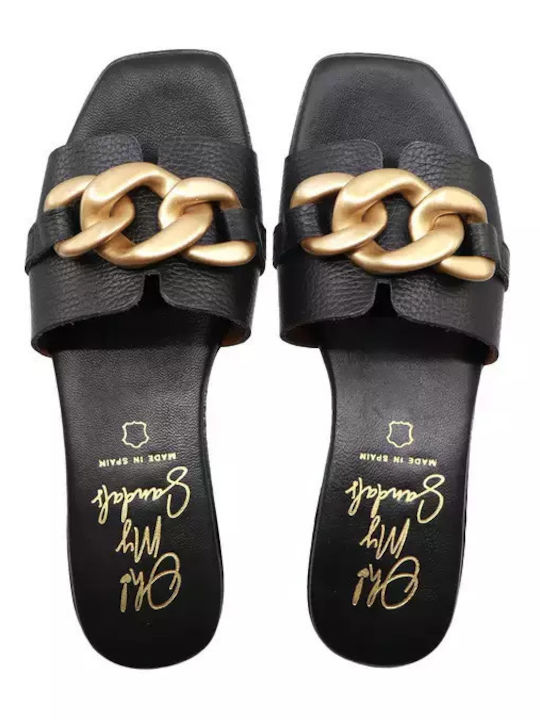 Leather Mules with Low Heel in Black Color