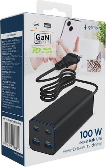 Gembird GaN с 2 USB-A порта и 2 USB-C порта 100W Power Delivery / Quick Charge 3.0 Черен (TA-UC-2A2C-PD100-01-BK)