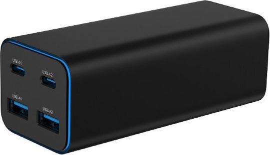 Gembird GaN с 2 USB-A порта и 2 USB-C порта 100W Power Delivery / Quick Charge 3.0 Черен (TA-UC-2A2C-PD100-01-BK)