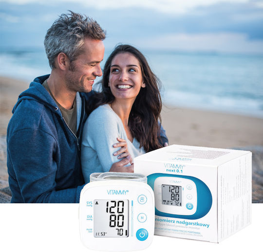 Vitammy Next 0.1 Monitor Electronic de Tensiune Arterială pentru Încheietură Măsurare în Timpul Umflării Manșetei Detectare Aritmie Detectare Mișcare Corporală Memorie 2 Utilizatori Dimensiune Manșetă 12.5-21.5 Cm Alb