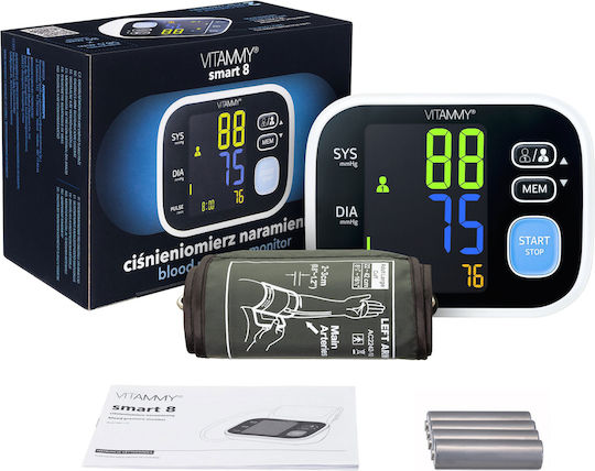 Tensiometru electronic de braț Vitammy Smart 8 măsurare în timpul umflării manșetei detectare aritmie afișaj color memorie 2 utilizatori x 60 rezultate dimensiune manșetă 22-42 cm negru