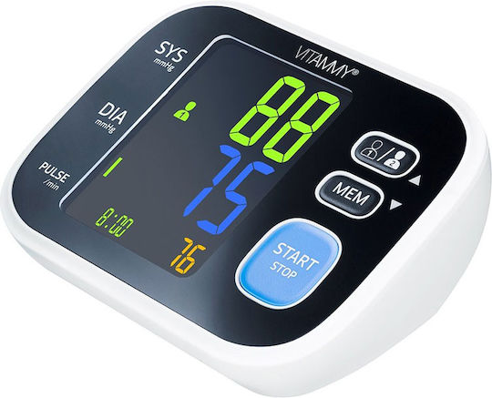 Tensiometru electronic de braț Vitammy Smart 8 măsurare în timpul umflării manșetei detectare aritmie afișaj color memorie 2 utilizatori x 60 rezultate dimensiune manșetă 22-42 cm negru