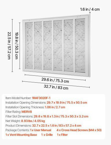 Vevor Air Return Grille Filter Duct Opening 30x20 Inches Hfglgzdglqw3aqv9m001v0