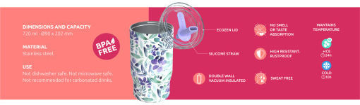 Quokka Glass Thermos Stainless Steel BPA Free 720ml Violet Blooms With Straw