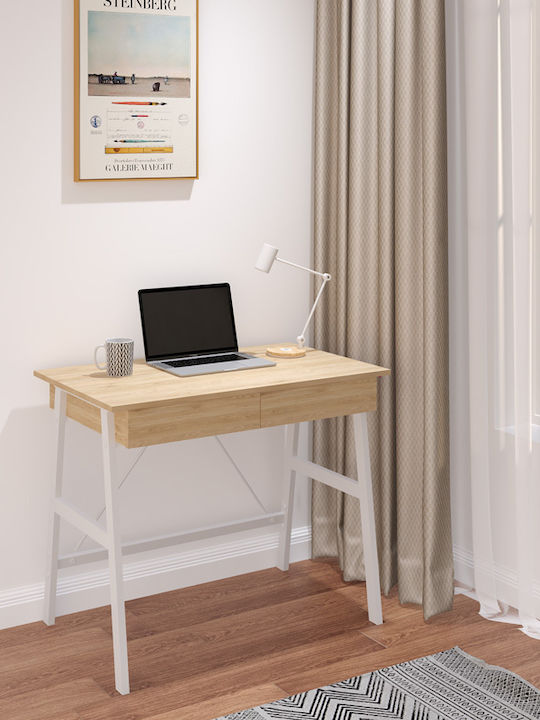 Birou Profesional Lione Din Lemn Stejar Alb Cu Picioare Metalice 90x50x75cm