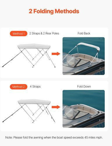 Vevor Copertină Bimini pentru Barcă cu 3 Arcuri 72"l x 85"-90"w x 46"h Deschis Gri