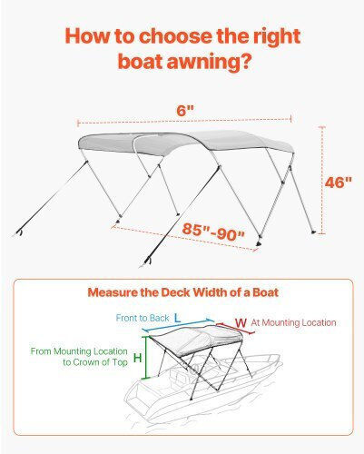 Vevor Copertină Bimini pentru Barcă cu 3 Arcuri 72"l x 85"-90"w x 46"h Deschis Gri