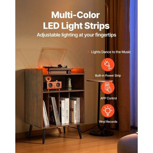 Συσκευή Δίσκων Vevor 3 Επιπέδων Φως Led & Θύρες Usb Ξύλινο Ράφι Βινυλίου Καφέ