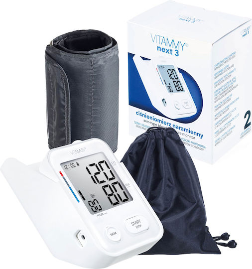 Tensiometru electronic de braț Vitammy Next 3, port USB, detectare mișcare corporală, memorie pentru 2 utilizatori, manșetă mărime 22-40 cm, alb