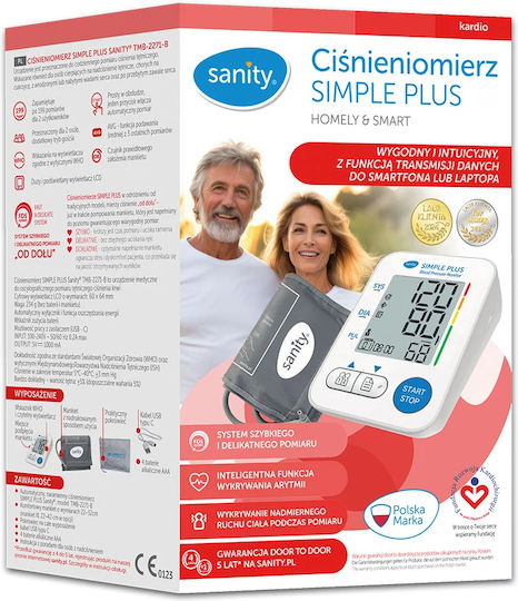 Sanity Simple Plus Tensiometru Electronic de Braț cu Memorie pentru 2 Utilizatori Manșetă 22-32 cm Detectare Aritmie Detectare Mișcare Corporală Ecran LCD Iluminat USB Cablu Bluetooth Cutie de Depozitare