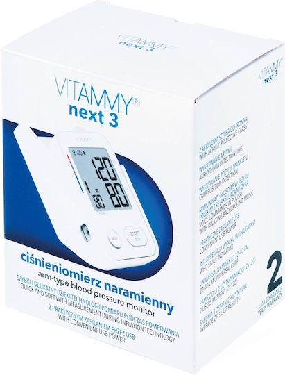 Tensiometru electronic de braț Vitammy Next 3, port USB, detectare mișcare corporală, memorie pentru 2 utilizatori, manșetă mărime 22-40 cm, alb