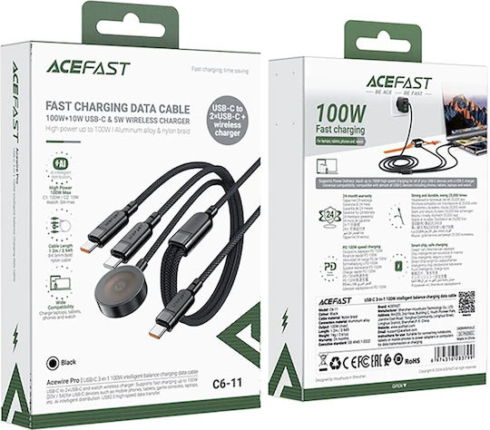 Acefast Braided Cablu USB la Type-C / Lightning cu mai multe porturi 5A Negru 1.2m (C6-11)