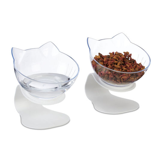 Bol ortopedic pentru hrană și apă pisici 2 bucăți bază antiderapantă transparent alb 15 x 13 x 15 cm