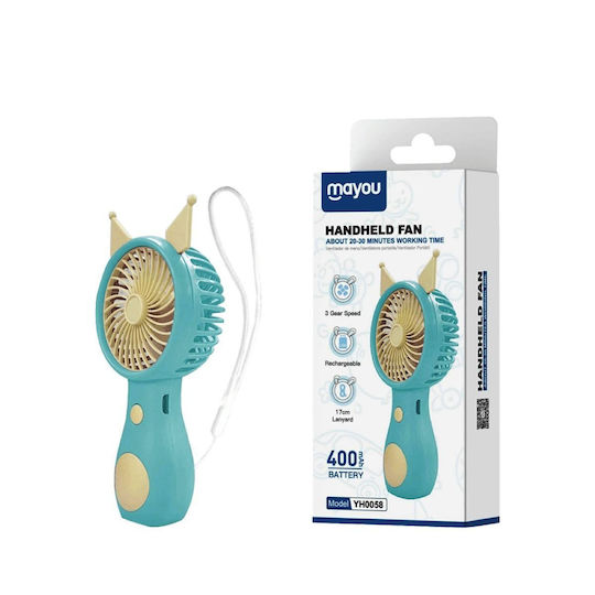 Mayou Rechargeable Handheld Fan 400mAh 5V/0.5A Type C Light Blue