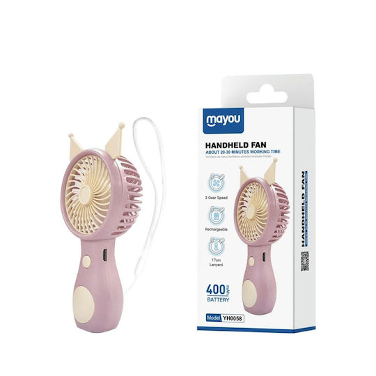 Ventilator de mână reîncărcabil Mayou 400mAh 5V/0.5A Tip C Roz