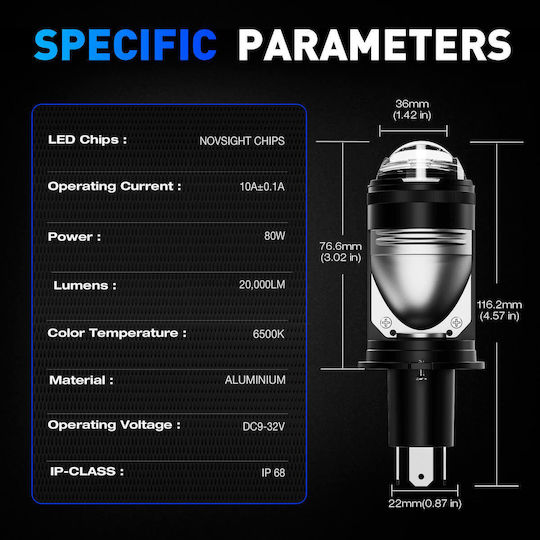 NovSight Λάμπες Αυτοκινήτου & Μοτοσυκλέτας H4 LED 6500K Ψυχρό Λευκό 12-24V 80W 2τμχ