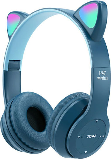 P47M Cat Ear Wireless / Wired On Ear Headphones with Radio Blue
