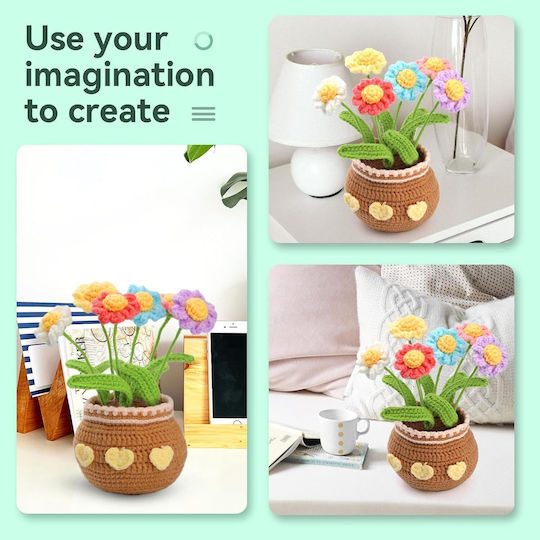 Complete Diy Crochet Set Beginners Advanced Accessories Yarn Tools Instructions Included Decorative Model Handmade Flower Pot Daisies Multicolor Brown