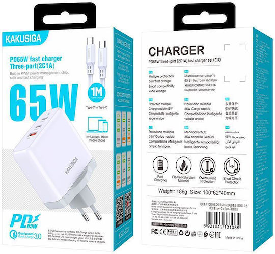 Kakusiga Φορτιστής με Θύρα USB-A και 2 Θύρες USB-C και Καλώδιο USB-C - USB-C 65W Λευκός (KSC-933)