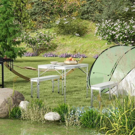 Set Mobilier Camping Grădină Pliabil 1 Masă 2 Bănci MDF Aluminiu Alb 90 Cm Frankfurt
