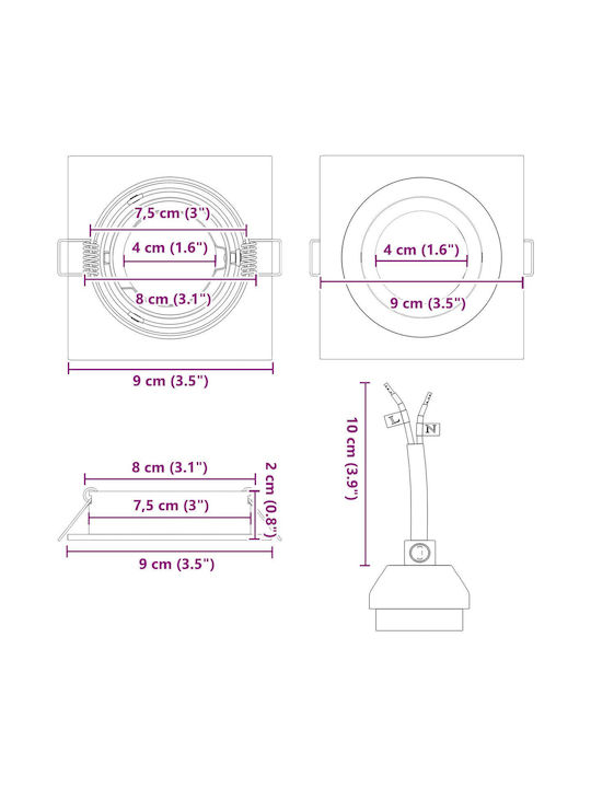 vidaXL Square Metallic Recessed Spot with Socket GU10 Silver 9.1x9.1cm. 1pcs